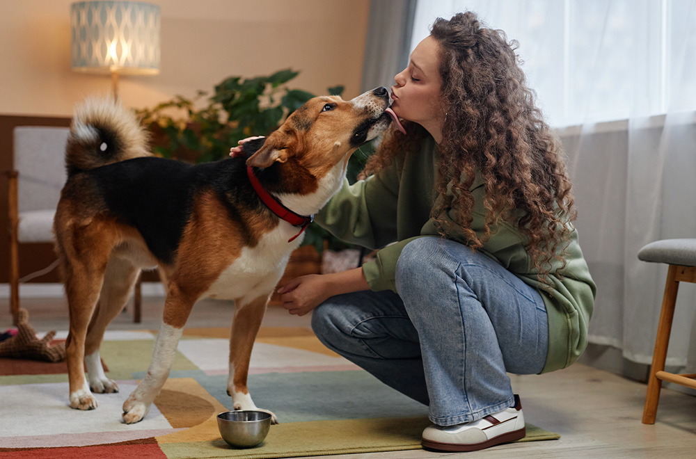 Nő kutyával a lakásban.