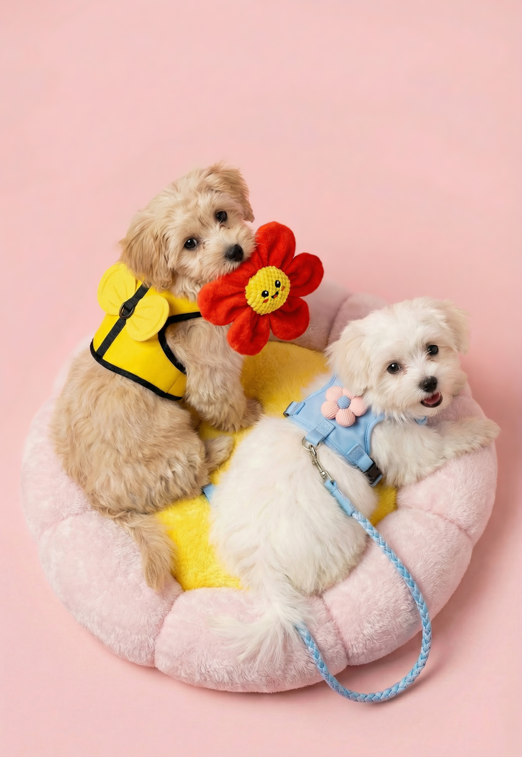 A kutya egy színes játékot tart.